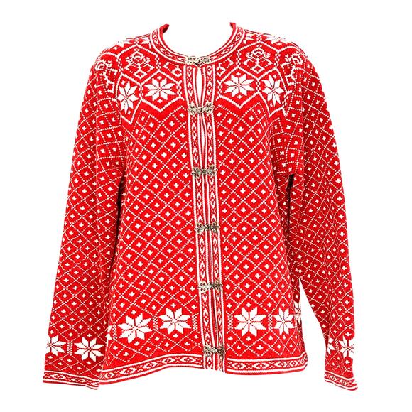 Croft & Barrow Nordic Cardigan Button Front Selburose Print Red Black Womens M - Picture 1 of 7